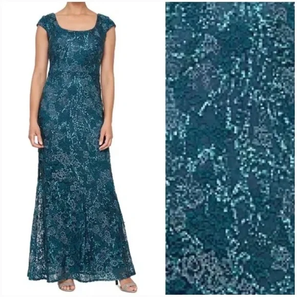 Alex Evenings Cap Sleeve Scoop Neck Embroidered Sequined Gown in Peacock - Picture 3 of 3